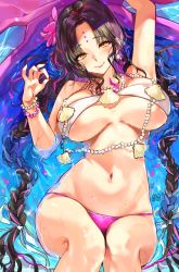 Rule 34 | 1girl, alracoco, bare shoulders, bikini, black hair, blush, bracelet, braid, breasts, chest tattoo, cleavage, closed mouth, facial mark, fate/grand order, fate (series), flower, forehead mark, hair flower, hair ornament, jewelry, large breasts, long hair, looking at viewer, lying, multicolored hair, nail polish, navel, necklace, on back, parted bangs, pearl bracelet, pearl necklace, pink hair, sarong, sessyoin kiara, sessyoin kiara (swimsuit mooncancer), sessyoin kiara (swimsuit mooncancer) (first ascension), shell, shell necklace, smile, streaked hair, swimsuit, tattoo, thighs, twin braids, very long hair, water, wet, white bikini, yellow eyes