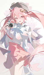Rule 34 | 1girl, absurdres, alternate eye color, alternate hair color, arm behind back, bare legs, blush, bow, bowtie, camera, cherry, commentary, floral background, food, fruit, grey hat, grey jacket, hat, hatsune miku, highres, holding, holding camera, jacket, jacket on shoulders, jiu ye sang, looking at viewer, pink eyes, pink hair, pink skirt, plaid, plaid jacket, pleated skirt, sakura miku, sakura miku (rella), shirt, simple background, skirt, smile, solo, vocaloid, white background, white bow, white bowtie, white shirt