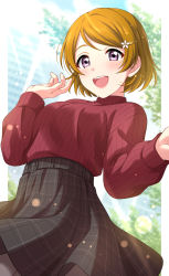 Rule 34 | 1girl, :d, absurdres, belt, black skirt, blurry, blurry background, blush, breasts, brown hair, day, depth of field, hair ornament, hairclip, hand up, highres, koizumi hanayo, long sleeves, looking at viewer, love live!, love live! school idol project, medium breasts, open mouth, outdoors, plaid, plaid skirt, purple eyes, red sweater, sekina, short hair, skirt, smile, solo, sweater, swept bangs, teeth, upper teeth only