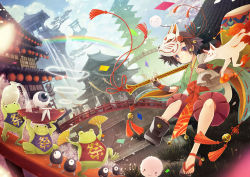 Rule 34 | 1girl, :3, architecture, bell, blue sky, bridal gauntlets, brown eyes, cherry blossoms, closed mouth, cloud, cloudy sky, commentary request, cup, day, east asian architecture, eyeball, eyelashes, fantasy, floating island, fox, fox mask, frog, grass, grey hair, hammer, hand fan, highres, holding, jingle bell, lantern, looking at viewer, mask, mask on head, original, outdoors, over shoulder, pagoda, paper fan, paper lantern, petals, smoking pipe, rainbow, sachi (yumemayoi), sandals, sash, short hair, short shorts, shorts, sky, smile, smoke, solo, solo focus, tassel, vase, weapon, weapon over shoulder