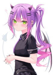 Rule 34 | 1girl, 333shishishi333, absurdres, black nails, black shirt, black skirt, blush, closed mouth, demon girl, demon horns, demon tail, demon wings, ear piercing, from side, green eyes, hair ornament, hairclip, highres, hololive, horns, long hair, looking at viewer, multicolored hair, nail polish, necktie, own hands together, piercing, pink hair, pleated skirt, purple hair, purple necktie, shirt, short sleeves, side ponytail, sidelocks, simple background, skirt, solo, streaked hair, tail, tail ornament, tail piercing, tokoyami towa, virtual youtuber, wings