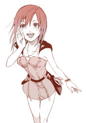Rule 34 | 1girl, :d, bracelet, breasts, collarbone, dress, hair between eyes, hand up, jewelry, kairi (kingdom hearts), kingdom hearts, kingdom hearts ii, looking at viewer, medium breasts, medium hair, necklace, open mouth, ramochi (auti), short dress, simple background, smile, solo, teeth, thigh gap, white background, zipper, zipper pull tab