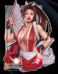 Rule 34 | 1girl, breasts, brown eyes, brown hair, cleavage, fatal fury, folding fan, hand fan, hand on own hip, high ponytail, holding, holding fan, japanese clothes, large breasts, ninja, obi, pelvic curtain, ponytail, red lips, revealing clothes, rope, sash, shiranui mai, sideboob, the king of fighters, upper body, wrist guards, xong