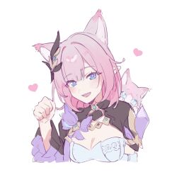 Rule 34 | 1girl, :d, absurdres, animal, animal ears, blue eyes, breasts, cat, cat ears, cleavage, commentary, cropped torso, elysia (honkai impact), elysia (miss pink elf) (honkai impact), hair ornament, hand up, heart, highres, honkai (series), honkai impact 3rd, kemonomimi mode, long sleeves, looking at viewer, medium breasts, open mouth, paw pose, pink hair, pointy ears, roena, smile, solo, upper body, wide sleeves