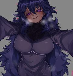 Rule 34 | 1girl, @ @, alternate breast size, artist name, blush, breasts, creatures (company), dress, game freak, grey background, hair between eyes, hairband, heart, heart-shaped pupils, heavy breathing, hex maniac (pokemon), highres, large breasts, long hair, looking at viewer, messy hair, nintendo, outstretched arms, parted lips, pokemon, pokemon xy, pov, purple dress, purple eyes, purple hair, simple background, smile, solo, symbol-shaped pupils, turtleneck, turtleneck dress, very long hair, waa153