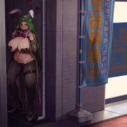 Rule 34 | 1girl, absurdres, against wall, alley, animal ears, black thighhighs, blush, boku no hero academia, breasts, coat, covered erect nipples, exhibitionism, green hair, heart maebari, heart pasties, high heels, highres, large breasts, long hair, maebari, meme attire, navel, nikuatsu magician shinbo, pasties, plant, plant hair, poster (object), public indecency, rabbit ears, reverse bunnysuit, reverse outfit, shiozaki ibara, solo, standing, stomach, thighhighs, toga himiko, trench coat, undressing, very long hair, vines