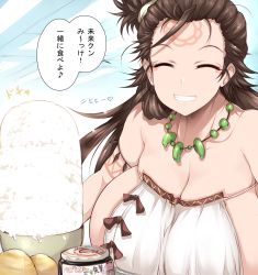 Rule 34 | 1girl, absurdres, bare shoulders, body markings, bowl, breasts, brown eyes, brown hair, cleavage, closed eyes, dress, facial mark, fate/grand order, fate (series), forehead, forehead mark, grin, highres, himiko (fate), himiko (first ascension) (fate), huge breasts, jewelry, long hair, looking at viewer, magatama, magatama necklace, necklace, rice, sash, sideboob, smile, solo, speech bubble, thighs, topknot, translation request, tsukasawa takamatsu, twintails, white dress