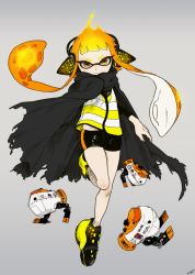 Rule 34 | 1girl, artist name, aura, autobomb (splatoon), black cape, black shorts, blunt bangs, cape, closed mouth, dated, grey background, headgear, inkling, inkling girl, inkling player character, leg up, light frown, nintendo, orange eyes, orange hair, shoes, short shorts, shorts, signature, simple background, single vertical stripe, sneakers, solo, splatoon (series), splatoon 2, splatoon 2: octo expansion, squidbeak splatoon, standing, standing on one leg, tentacles, torn cape, torn clothes, vest, yellow footwear, yellow vest, yeneny
