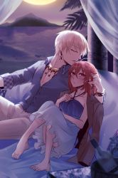 Rule 34 | 1boy, 1girl, alternate costume, bad id, bad pixiv id, barefoot, blonde hair, blue background, blue dress, blurry, blurry foreground, bracelet, breasts, cleavage, closed eyes, closed mouth, collarbone, collared shirt, dress, dress shirt, fate/grand order, fate (series), fujimaru ritsuka (female), gilgamesh (fate), gradient dress, grey shirt, hair between eyes, hand in another&#039;s hair, hand in own hair, highres, jewelry, long dress, looking at viewer, medium breasts, medium hair, official alternate costume, on bed, outdoors, pants, parted lips, red eyes, red hair, redrabbit44, shirt, sitting, sleeveless, sleeveless dress, white pants, wing collar