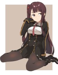 Rule 34 | 2l (2lsize), bad id, bad twitter id, black gloves, blunt bangs, framed breasts, girls&#039; frontline, gloves, hair ribbon, half updo, high-waist skirt, highres, necktie, one side up, outside border, pantyhose, pelvic curtain, protected link, purple hair, red eyes, red necktie, red ribbon, ribbon, sitting, skirt, solo, tsurime, wa2000 (girls&#039; frontline), wariza
