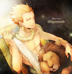 Rule 34 | 1boy, amakura (am as), blonde hair, character name, copyright name, dutch angle, earrings, fate/stay night, fate/zero, fate (series), gilgamesh (fate), jewelry, lion, male focus, necklace, official alternate costume, red eyes, short hair, solo, toga, topless male