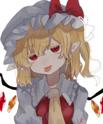 Rule 34 | 1girl, ascot, blonde hair, blood, blood on clothes, crystal, eyelashes, flandre scarlet, half-closed eyes, hat, head tilt, highres, medium hair, mob cap, one side up, pointy ears, ramochi, red eyes, red vest, short sleeves, simple background, solo, tongue, tongue out, touhou, upper body, vest, white background, white hat, wings