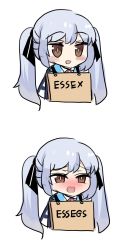 Rule 34 | 1girl, azur lane, black ribbon, blue hair, blush, brown eyes, commentary, english commentary, english text, essex (azur lane), expressions, highres, hinghoi, looking to the side, meme, naughty face, open mouth, ribbon, seggs (meme), sidelocks, sign, sign around neck, simple background, twintails, upper body, variations, white background