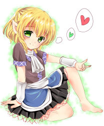 Rule 34 | 1girl, \n/, arm support, barefoot, blonde hair, blush, feet, full body, green eyes, happy, heart, highres, japanese clothes, looking at viewer, mizuhashi parsee, pointy ears, ponytail, ramudia (lamyun), scaff, scarf, sitting, smile, solo, spoken heart, tareme, touhou