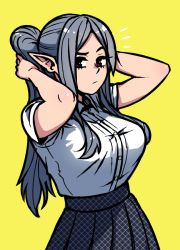 Rule 34 | 1girl, akairiot, breasts, commentary, elf, grey hair, grey skirt, large breasts, long hair, looking at viewer, office lady, original, parted bangs, pleated skirt, pointy ears, ponytail, red eyes, shirt, short sleeves, sidelocks, skirt, solo, taut clothes, taut shirt, unmoving pattern, upper body, yellow background