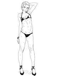 Rule 34 | 1girl, bad drawr id, bad id, bare arms, bare legs, bare shoulders, bikini, breasts, cosmic bear, full body, greyscale, hand on own head, high heels, looking at viewer, monochrome, original, small breasts, solo, standing, swimsuit, wet