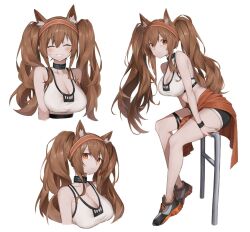 Rule 34 | 1girl, angelina (arknights), animal ears, arknights, bare legs, bare shoulders, basketball, black shorts, breasts, brown hair, cleavage, clothes around waist, collar, dolphin shorts, faldeus, hairband, highres, jacket, jacket around waist, large breasts, legs, long hair, multiple views, official alternate costume, open mouth, orange eyes, red jacket, shoes, shorts, simple background, sneakers, sports bra, sportswear, standing, stomach, sweat, teeth, thigh strap, twintails, very long hair, white background, white sports bra