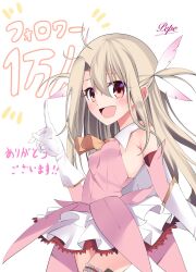 Rule 34 | 1girl, ascot, bare shoulders, blonde hair, blush, breasts, bridal garter, cape, dress, elbow gloves, fate/kaleid liner prisma illya, fate (series), feather hair ornament, feathers, gloves, hair ornament, highres, illyasviel von einzbern, index finger raised, layered gloves, long hair, looking at viewer, open mouth, pei iriya, pink dress, pink gloves, prisma illya, red eyes, sidelocks, skirt, small breasts, smile, solo, translation request, two side up, white cape, white gloves, white skirt