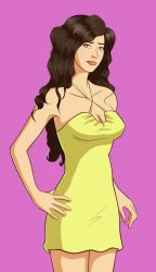 Rule 34 | 1girl, breasts, brown hair, clothes, coming out on top, dress, female focus, lipstick, long hair, looking at viewer, makeup, molly (coming out on top), official art, purple background, simple background, solo, standing