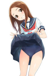 Rule 34 | 10s, 1girl, blush, brown eyes, brown hair, clothes lift, commentary request, cowboy shot, forehead, gluteal fold, highres, karakai jouzu no takagi-san, lifting own clothes, long hair, looking at viewer, nagayori, one-piece swimsuit, parted bangs, pleated skirt, school swimsuit, school uniform, serafuku, simple background, skirt, skirt lift, smile, solo, swimsuit, swimsuit under clothes, takagi-san, white background