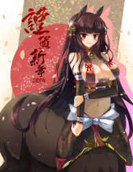 Rule 34 | 10s, 1girl, 2014, animal ears, arm hug, bare shoulders, breast hold, breasts, brown hair, centaur, center opening, chinese zodiac, cleavage, detached sleeves, hime cut, horse (chinese zodiac), horse ears, horseshoe, japanese clothes, large breasts, long hair, midriff, monster girl, navel, new year, original, petals, red eyes, sideboob, smile, solo, sud (sudea), taur, very long hair