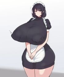 Rule 34 | 1girl, apron, black hair, breasts, brown eyes, covered erect nipples, curvy, dress, expressionless, gigantic breasts, huge areolae, huge nipples, looking at viewer, maid, maid apron, maid headdress, patimon, puffy areolae, puffy nipples, short hair, simple background, standing, thick thighs, thighs, wide hips