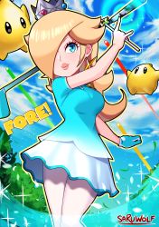 Rule 34 | 1girl, absurdres, arm up, artist name, blonde hair, blouse, blue eyes, blue gloves, blue nails, blue shirt, blue sky, breasts, closed mouth, cloud, crown, earrings, english text, eyelashes, floating, gloves, golf, golf club, golf rosalina, hair over one eye, highres, holding, holding golf club, jewelry, levitation, lips, long hair, looking away, luma (mario), mario (series), mario golf, mario golf: super rush, medium breasts, \n/, nail polish, nintendo, outdoors, outline, pantyhose, polo shirt, rosalina, sarukaiwolf, shirt, short sleeves, single glove, skirt, sky, smile, sparkle, star (symbol), star earrings, telekinesis, thick lips, tree, white pantyhose, white shirt, white skirt, yellow outline