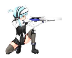 Rule 34 | 1girl, aiming, alternate costume, alternate hair color, black thighhighs, blue hair, boots, bracelet, ear protection, earmuffs, elbow gloves, energy gun, from side, gloves, green eyes, gun, holding, holding gun, holding weapon, iris (material sniper), jewelry, knee pads, laser rifle, long sleeves, material sniper, nekozame, on one knee, scope, sidelocks, simple background, skirt, solo, squatting, thighhighs, trigger discipline, weapon, white background, white gloves, zettai ryouiki