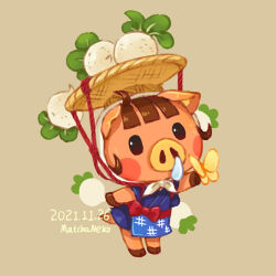 Rule 34 | 1girl, animal crossing, apron, artist name, basket, basket on head, black eyes, blue apron, blue kimono, blush, blush stickers, bow, brown background, brown hair, bug, butterfly, commentary, daisy mae (animal crossing), dated, english commentary, furry, furry female, head scarf, igeta (pattern), insect, japanese clothes, kimono, matchaneko, nintendo, obi, pig girl, red bow, red sash, rope, runny nose, sash, short sleeves, simple background, snot, solo, turnip, waist apron, white headwear, yellow butterfly