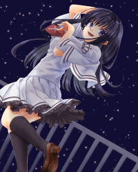 Rule 34 | 1girl, :d, absurdres, black hair, black socks, blue eyes, brown footwear, capelet, commentary request, cross print, crown print, dutch angle, fence, floating hair, foot out of frame, frilled skirt, frills, from behind, hair between eyes, hands up, happy, highres, kneehighs, loafers, long hair, looking at viewer, looking back, miniskirt, necktie, night, open mouth, outdoors, pleated skirt, red necktie, ririi (ai-my talikng), scene reference, school uniform, shirt, shoes, sidelocks, skirt, sky, smile, socks, solo, standing, standing on one leg, star (sky), starry sky, subarashiki hibi, takashima zakuro, white capelet, white shirt, white skirt