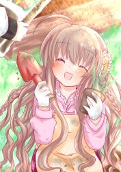 Rule 34 | 1boy, 1girl, 2019, :d, ^ ^, ahoge, apron, blush, braid, brown hair, canaca chiyuri, closed eyes, commentary request, dated commentary, facing another, flower, flower pot, gardening, gloves, grass, hair flower, hair ornament, hands up, happy, highres, holding, holding flower pot, holding shovel, hood, hood down, hoodie, kanbe kotori, long hair, long sleeves, open mouth, pink hoodie, plaid, plaid skirt, plant, potted plant, red skirt, rewrite, shovel, sidelocks, sitting, skirt, smile, solo focus, tennouji kotarou, twin braids, very long hair, wavy hair, white flower, white gloves, yellow apron