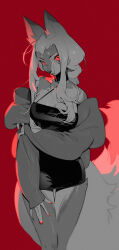 Rule 34 | absurdres, animal ears, bare shoulders, dress, fox ears, fox girl, fox tail, furry, furry female, greyscale, highres, jacket, long hair, monochrome, nail polish, off shoulder, open clothes, open jacket, original, oversized jacket, partially colored, red background, red eyes, red nails, sidelocks, sleeveless, sleeveless dress, spaghetti strap, tail, wo xuyao jiashui