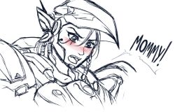 Rule 34 | 1girl, armor, black hair, blush, comic, english text, eye of horus, facial mark, facial tattoo, fang, female focus, looking down, monochrome, murasaki-yuri, open mouth, overwatch, overwatch 1, pharah (overwatch), power armor, shouting, simple background, sketch, solo, spot color, surprised, tattoo, upper body, white background