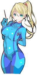 Rule 34 | 1girl, arm behind back, blonde hair, breasts, covered collarbone, enpe, food, highres, large breasts, metroid, nintendo, pocket, pocky, ponytail, samus aran, simple background, smile, solo, white background, zero suit