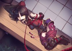 Rule 34 | 1girl, absurdres, android, arms behind back, bdsm, black hair, black leotard, bondage, bound, bound arms, bound legs, bound torso, breast bondage, breasts, collar, covered navel, fate/grand order, fate (series), gag, highres, joints, kaddo, katou danzou (fate), leash, leotard, lying, mechanical arms, medium breasts, multicolored leotard, on side, parted bangs, ponytail, porch, pussy juice, red leotard, red rope, remote control vibrator, robot joints, rope, sex toy, shibari, shibari over clothes, single mechanical arm, slave, solo, veranda, vibrator, vibrator under clothes, viewer holding leash, wooden floor, yellow eyes