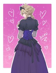 Rule 34 | 1boy, aqua eyes, black hairband, blonde hair, blue corset, blush, border, bow, braid, bubble background, cloud strife, cloud strife (blue dress), corset, crossdressing, dress, feet out of frame, final fantasy, final fantasy vii, final fantasy vii remake, from behind, hair between eyes, hair bow, hairband, heart, highres, kivavis, lace-up top, long dress, long hair, looking at viewer, looking back, male focus, official alternate costume, pink bag, pink bow, puffy short sleeves, puffy sleeves, short sleeves, solo, sparkle, spiked hair, square enix, twin braids, wall market, white border