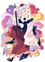 Rule 34 | 1girl, adapted costume, animal ears, breasts, commentary, detached sleeves, fire, full body, geta, hakama, hakama skirt, hand up, hat, highres, holding, holding sword, holding weapon, inubashiri momiji, japanese clothes, long sleeves, looking at viewer, medium breasts, nikorashi-ka, pom pom (clothes), red eyes, red hakama, red hat, shirt, short hair, skirt, solo, sword, tokin hat, touhou, weapon, white hair, white shirt, wide sleeves, wolf ears
