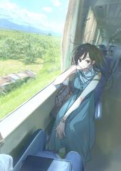 Rule 34 | 1girl, aqua dress, bag, black hair, dress, highres, kanojo okarishimasu, miyajima reiji, mizuhara chizuru, photo background, sitting, train interior, watch