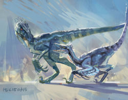 Rule 34 | animal, blue theme, claws, dinosaur, feathers, gradient background, hjl, no humans, original, reptile, tail, velociraptor