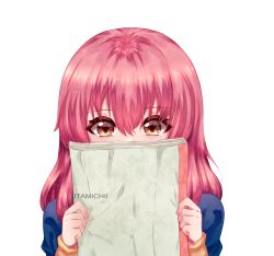 Rule 34 | 1girl, arms up, artist name, blue shirt, book, brown eyes, covering own mouth, hair between eyes, highres, holding, holding book, itamichii (mei-draws), koe no katachi, long hair, long sleeves, looking at viewer, nishimiya shouko, pink hair, shirt, simple background, solo, tearing up, upper body, white background
