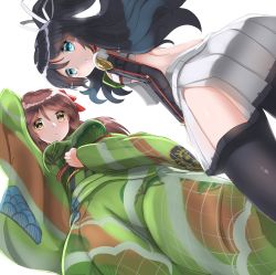 Rule 34 | 2girls, amagi (kancolle), arm up, armor, asymmetrical gloves, black hair, blue eyes, breasts, brown eyes, brown hair, camouflage, closed mouth, colored eyelashes, commentary request, elbow gloves, from behind, from below, furisode, gloves, hair between eyes, hair ornament, hair ribbon, high ponytail, highres, hip vent, japanese clothes, kantai collection, katsuragi (kancolle), kimono, large breasts, leaf hair ornament, long hair, midriff, multiple girls, obi, parted bangs, pink lips, pleated skirt, ponytail, redundant-cat, ribbon, sash, skirt, small breasts, smile, standing, uneven gloves, white background, white ribbon, wide ponytail
