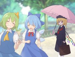 Rule 34 | 3girls, alternate costume, alternate headwear, ascot, bag, black headwear, black sailor collar, black serafuku, blonde hair, blue bow, blue dress, blue hair, blue wings, blurry, blurry background, blurry foreground, blush, bow, bowtie, cirno, closed eyes, closed mouth, collared shirt, cowboy shot, crystal, daiyousei, day, depth of field, dress, expressionless, fairy wings, feet out of frame, flandre scarlet, green hair, hair bow, happy, highres, holding, holding bag, holding umbrella, ice, ice wings, jitome, kanpa (campagne 9), lake, laughing, long sleeves, medium hair, medium skirt, multiple girls, neckerchief, necktie, one side up, open mouth, outdoors, pinafore dress, pleated skirt, puffy short sleeves, puffy sleeves, railing, red bow, red eyes, red neckwear, sailor collar, satchel, school uniform, serafuku, shade, shirt, short hair, short sleeves, side ponytail, sidelocks, skirt, sleeveless dress, smile, sunlight, touhou, transparent wings, tree, umbrella, v-shaped eyebrows, white legwear, white shirt, wing collar, wings, yellow neckwear