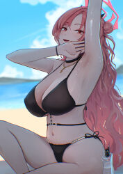 1girl absurdres alternate_costume arm_up armpits beach bikini black_bikini black_hairband blue_archive blue_sky blush breasts cleavage cloud cloudy_sky commentary_request double_bun hair_bun hairband halo highres kirara_(blue_archive) large_breasts long_hair looking_at_viewer mountainous_horizon navel ocean open_mouth outdoors pink_hair pink_halo presenting_armpit ryh4 side-tie_bikini_bottom sideboob sitting sky solo swimsuit thighs