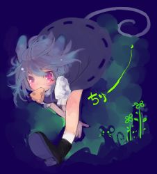 Rule 34 | 1girl, animal ears, bad id, bad pixiv id, blush, cheese, female focus, food, full body, gradient background, grey hair, htm (gixig), mouse (animal), mouse ears, mouse tail, nazrin, purple eyes, red eyes, running, solo, tail, touhou