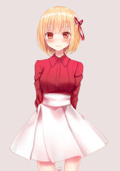 Rule 34 | 1girl, arms behind back, bandaged head, bandages, blonde hair, blush, breasts, cowboy shot, frown, grey background, hair ribbon, highres, long sleeves, looking at viewer, medium breasts, original, piripun, red eyes, red ribbon, red shirt, ribbon, shirt, short hair, signature, simple background, skirt, solo, standing, white skirt, wing collar