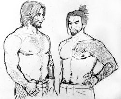 Rule 34 | 2boys, bara, body hair, cassidy (overwatch), hanzo (overwatch), male focus, monochrome, multiple boys, muscular, nipples, overwatch, overwatch 1, park cok, pectorals, tattoo, topless male