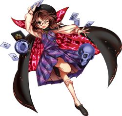 Rule 34 | 1girl, brown eyes, brown hair, cape, card, clothes writing, facing viewer, full body, glasses, harukawa moe, hat, hexagram, loafers, long sleeves, looking at viewer, occult ball, official art, one eye closed, open mouth, plaid, plaid shirt, plaid skirt, quimbaya airplane, red-framed eyewear, runes, semi-rimless eyewear, shirt, shoes, short hair, skirt, skull, smile, socks, solo, tablet pc, thighs, touhou, transparent background, twintails, under-rim eyewear, urban legend in limbo, usami sumireko, white socks, wink, zener card