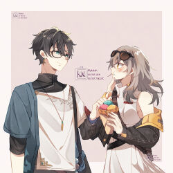 Rule 34 | 1boy, 1girl, belt, black hair, black jacket, black sleeves, breasts, dan heng (honkai: star rail), dan heng (next stop yi county) (honkai: star rail), dress, earrings, eating, english text, eyewear on head, food, glasses, green eyes, hand on another&#039;s chin, hetero, holding, holding food, holding spoon, honkai: star rail, honkai (series), ice cream, ice cream cone, jacket, jewelry, kana (ykskkn), looking at another, medium breasts, necklace, open clothes, open jacket, shirt, short hair, simple background, smile, spoon, stelle (honkai: star rail), stelle (world tour 2023) (honkai: star rail), trailblazer (honkai: star rail), twitter username, upper body, white dress, white shirt, yellow eyes