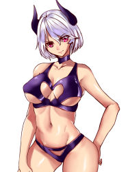 Rule 34 | 1girl, absurdres, bare shoulders, breasts, bustier, choker, cleavage, cleavage cutout, clothing cutout, contrapposto, cowboy shot, crotch cutout, demon girl, demon horns, covered erect nipples, head tilt, heart cutout, highres, hip focus, horns, kisaragi tsurugi, large breasts, light smile, lips, looking at viewer, navel, original, pink eyes, short hair, silver hair, simple background, solo, standing, underboob cutout, white background