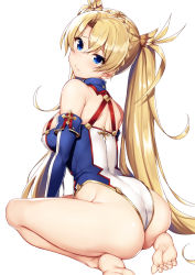 Rule 34 | 1girl, 3:, ass, back, bare legs, bare shoulders, barefoot, blonde hair, blue eyes, blush, bradamante (fate), bradamante (first ascension) (fate), braid, breasts, closed eyes, commentary request, covered erect nipples, curvy, detached sleeves, fate/grand order, fate (series), feet, female focus, french braid, hair between eyes, hair intakes, highleg, highleg leotard, highres, huge ass, kneeling, large breasts, leotard, long hair, looking at viewer, looking back, raiou, seiza, shiny skin, sitting, skin tight, skindentation, solo, thighs, toenails, twintails, two side up, very long hair, white background